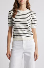 FRAME The Gathered Stripe Short Sleeve Organic Cotton & Linen Blend Sweater