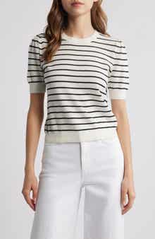 FRAME The Gathered Stripe Short Sleeve Organic Cotton & Linen Blend Sweater