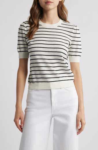 FRAME The Gathered Stripe Short Sleeve Organic Cotton & Linen Blend Sweater