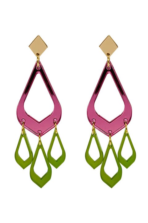 Feather Drop Earrings - Pink Mirror & Lime Zest
