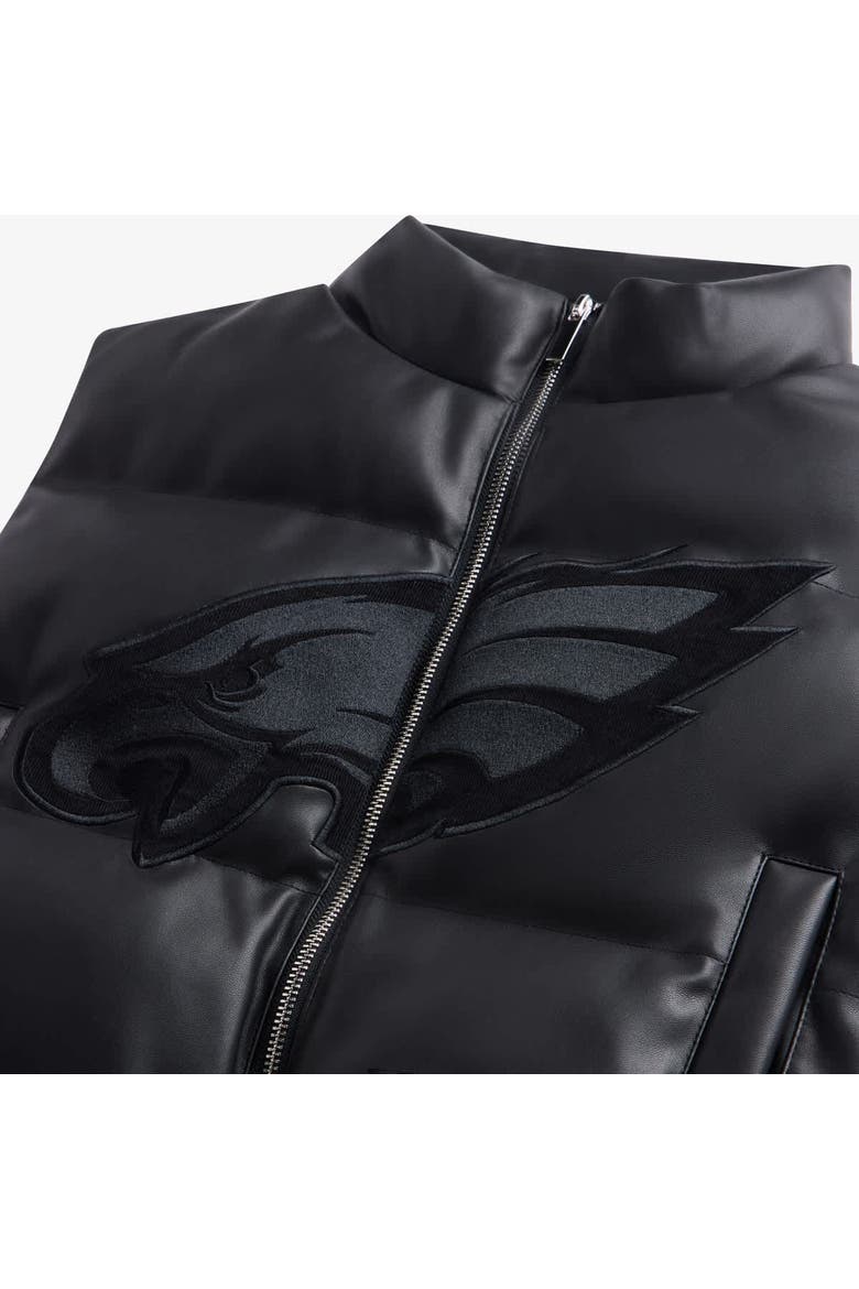 Women's  Black Philadelphia Eagles Faux Leather Cropped Puffer Vest, Alternate, color, Black