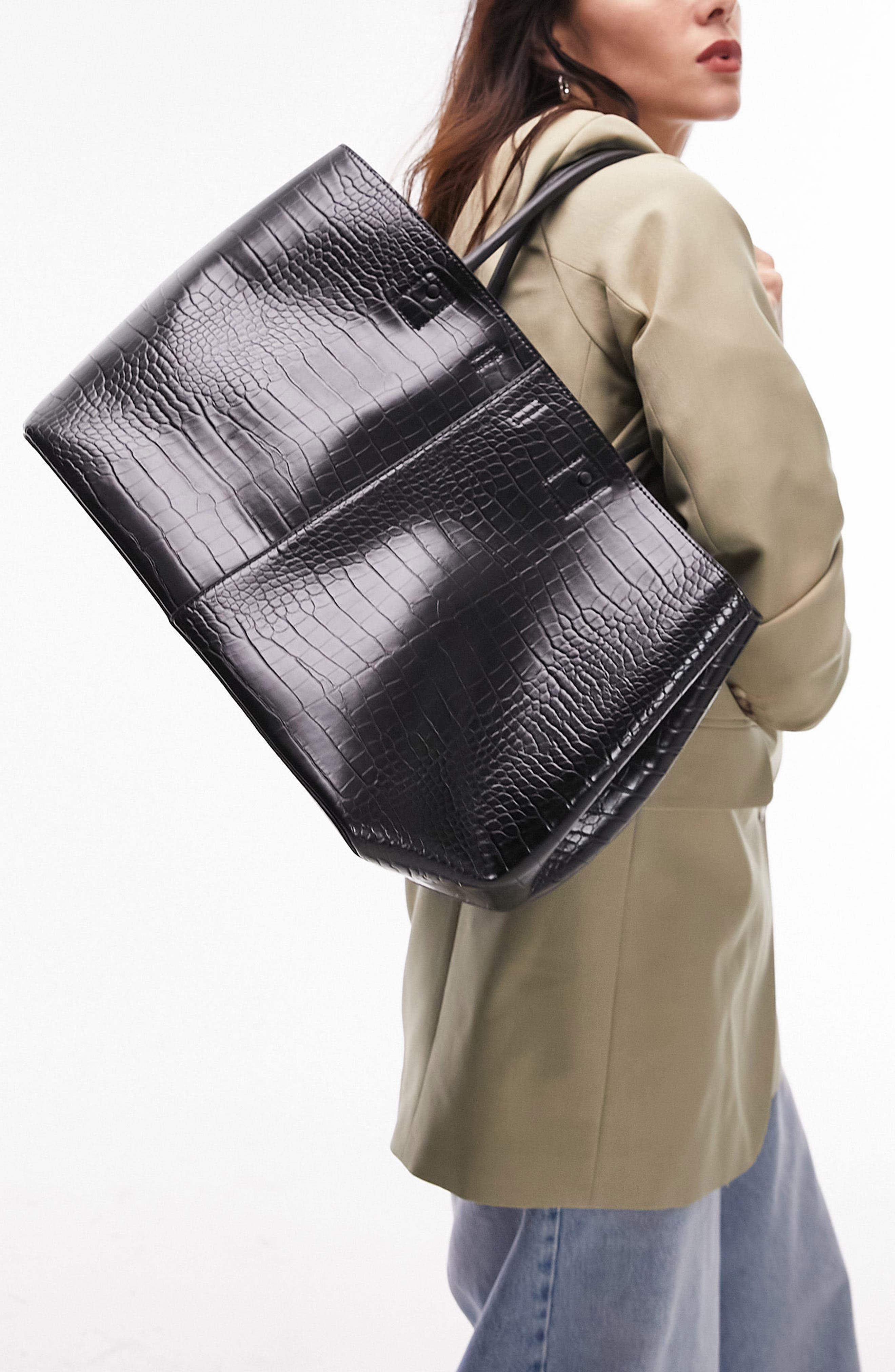 Tala Croc Embossed Faux Leather Tote Bag, Alternate, color, BLACK