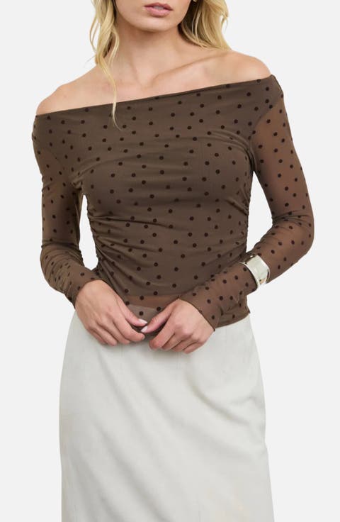 Polka Dot Mesh Off the Shoulder Top