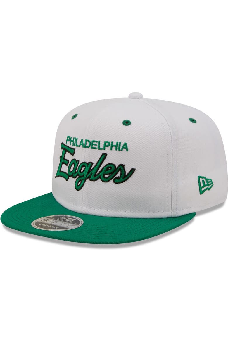 Men's New Era White/Kelly Green Philadelphia Eagles Sparky Original 9FIFTY Snapback Hat, Main, color, White