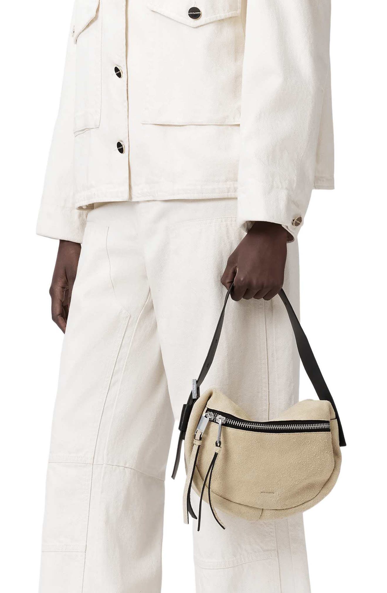 AllSaints Mini Noemie Suede Shoulder Bag, Alternate, color, Sahara White