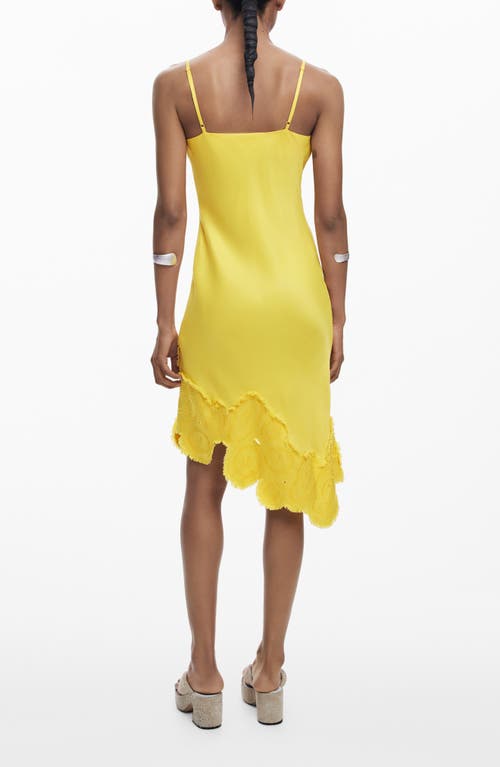 Desigual Embroidered Asymmetric Hem Satin Slipdress In Yellow
