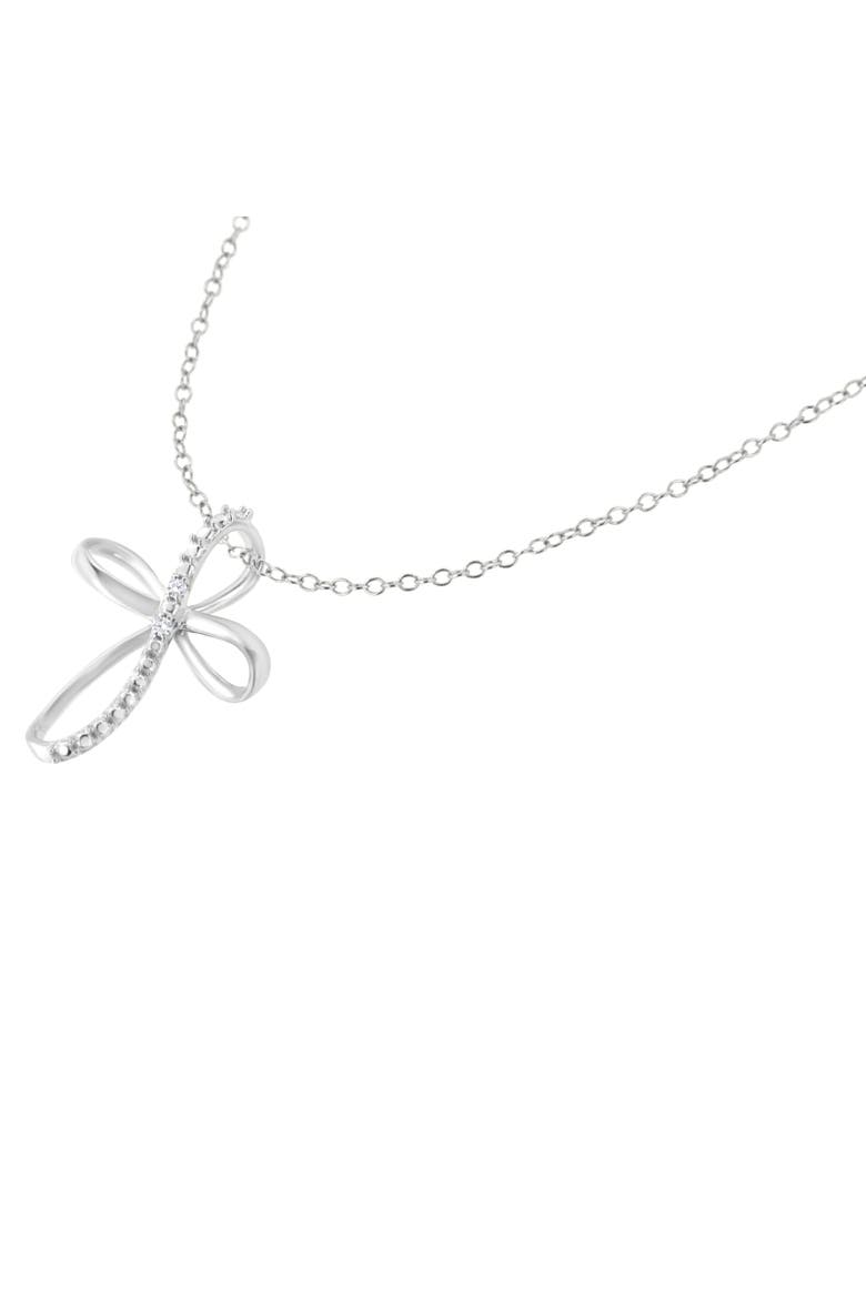.925 Sterling Silver Diamond Accent Cross Ribbon 18" Pendant Necklace, Alternate, color, White