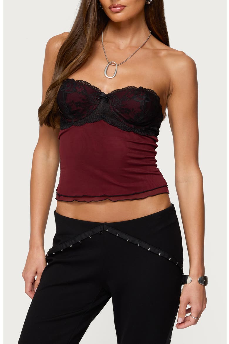 Contrast Lacey Sheer Mesh Bra Top, Main, color, BURGUNDY