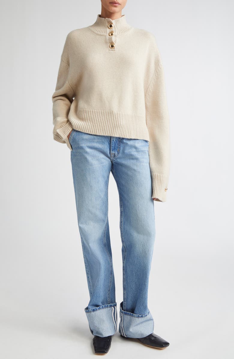 Brandon Maxwell The Rowe Crop Cashmere Henley Sweater, Alternate, color, Oatmeal