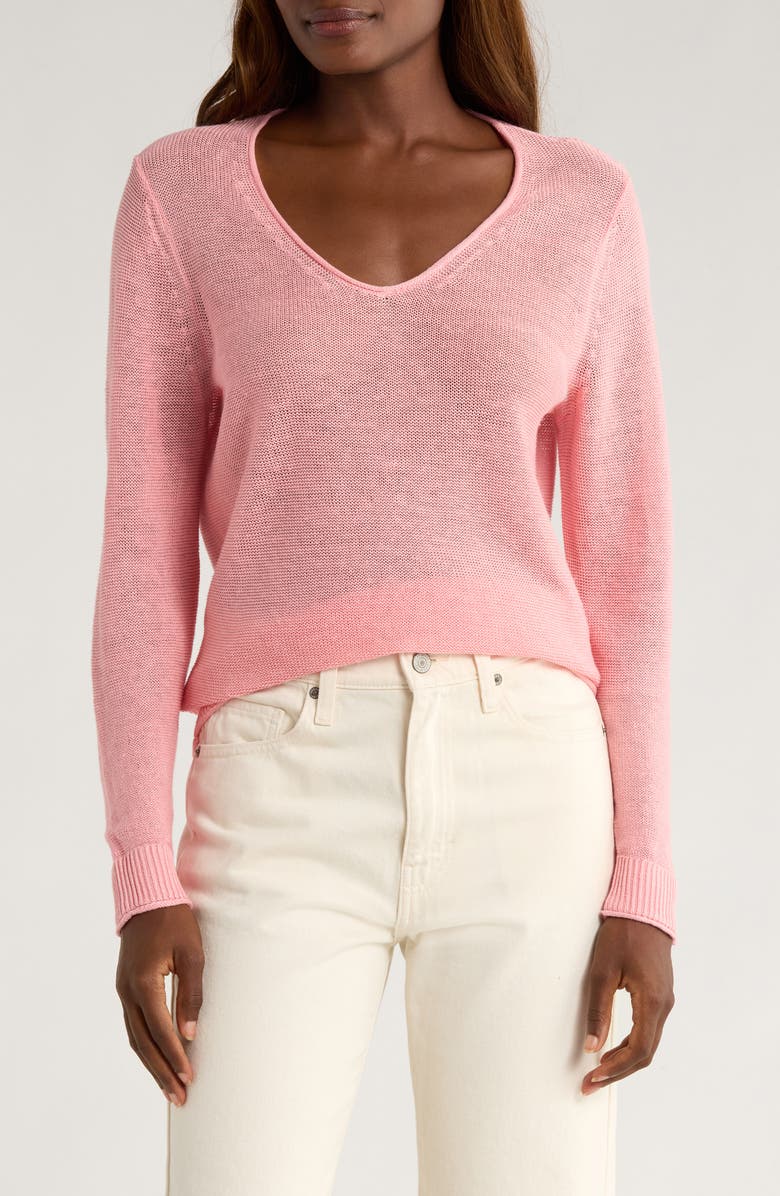 Tommy Bahama Cedar V-Neck Linen Sweater, Main, color, Quartz Pink