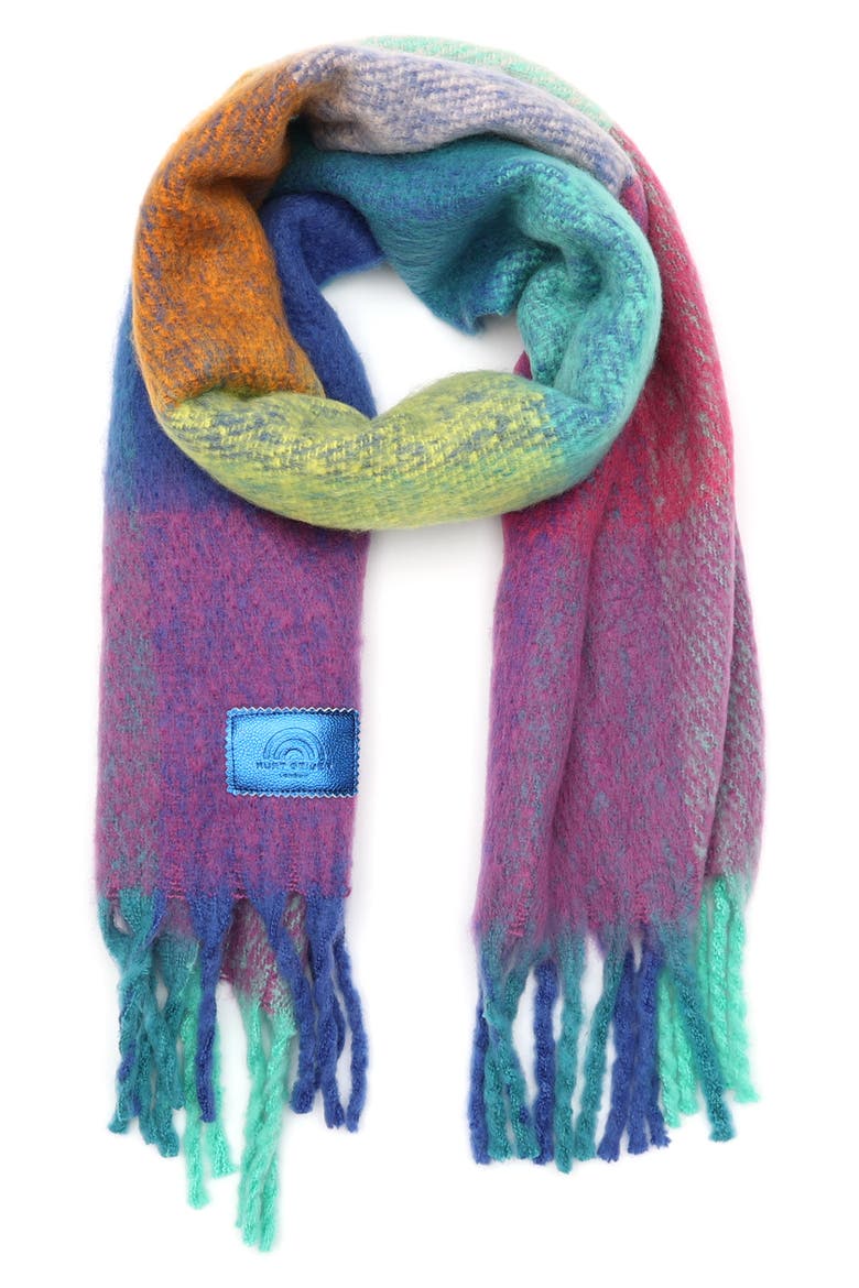 Rainbow Check Fringe Scarf, Alternate, color, BLUE
