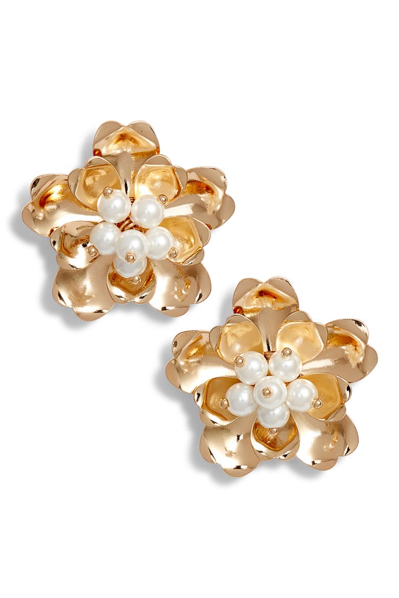 Dimensional Floral Stud Earrings, Main, color, WHITE- GOLD