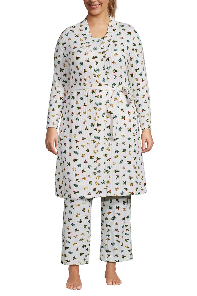 Brushed Cozy Waffle Jersey 3 Piece Pajama Set - Tank Top Pant and Robe, Alternate, color, Ivory Holly