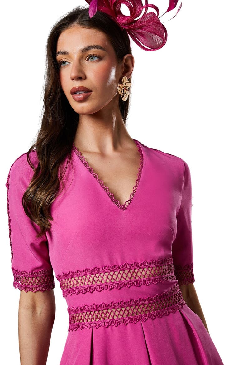 Crochet Insert Crepe V-Neck Midi Dress, Alternate, color, Pink