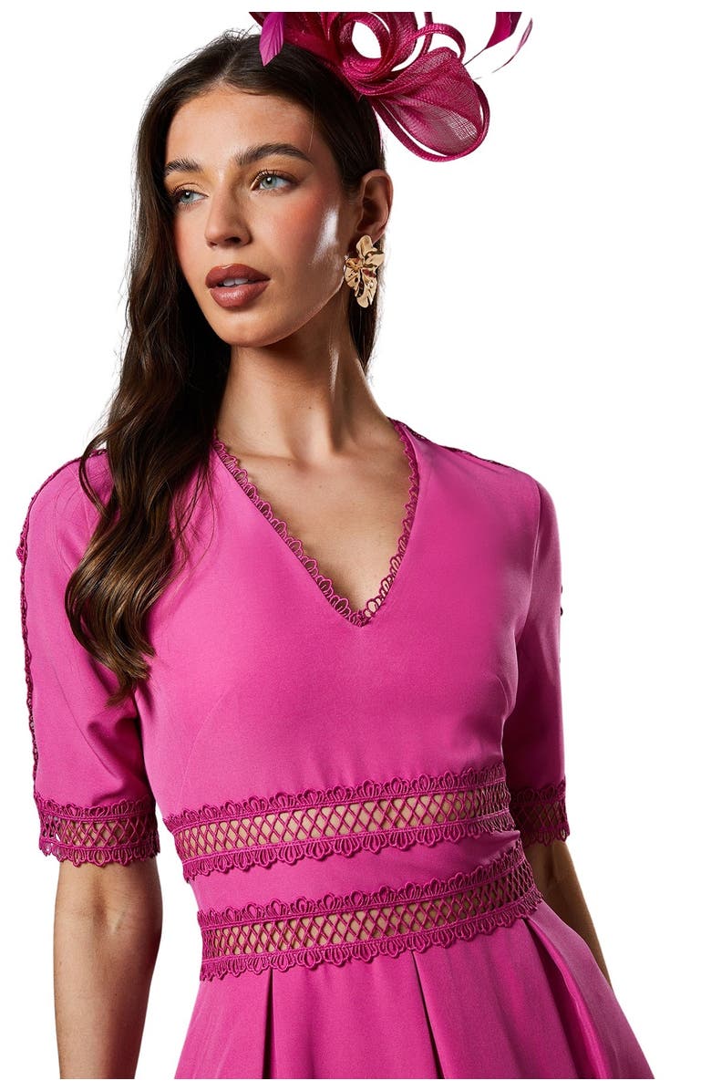 Coast Crochet Insert Crepe V Neck Midi Dress, Alternate, color, Pink