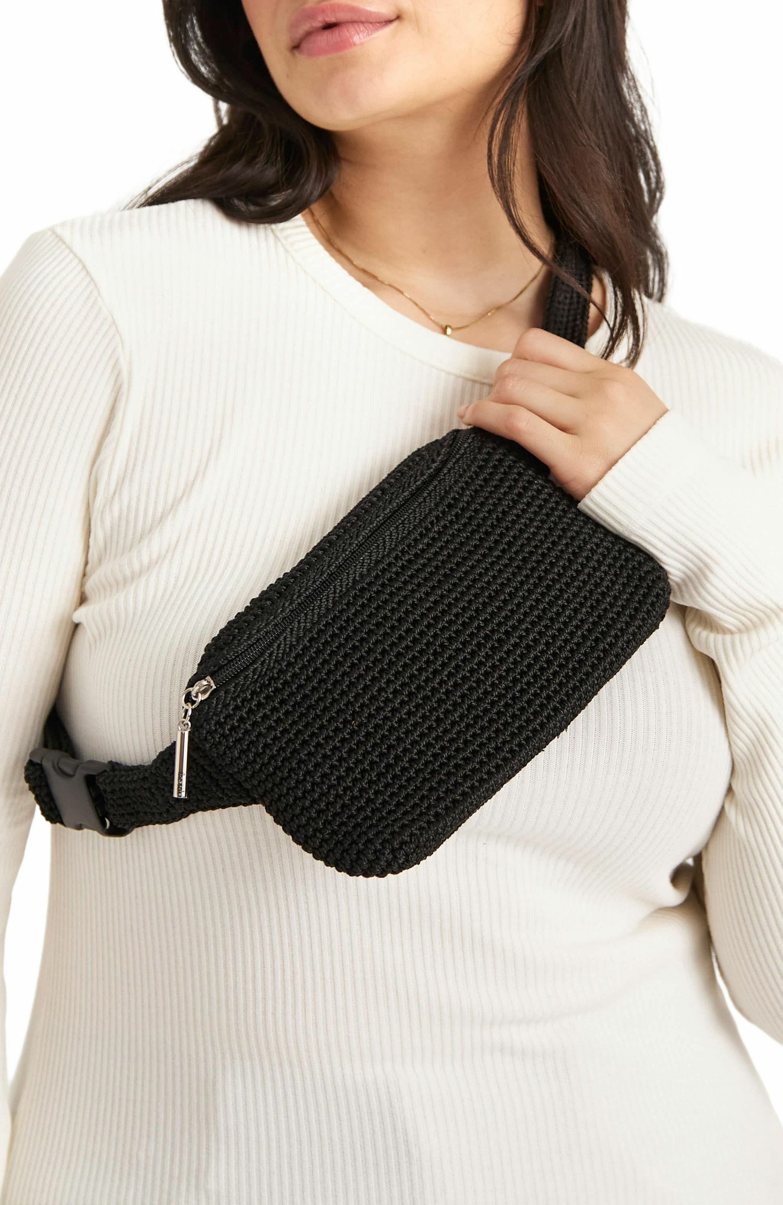 The Sak Caraway Small Belt Bag, Alternate, color, Black Crochet