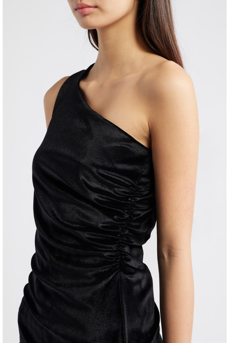 Kathleen Ruched One-Shoulder Velvet Midi Dress, Alternate, color, BLACK