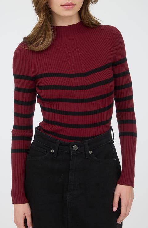 Stripe Mock Neck Rib Knit Top