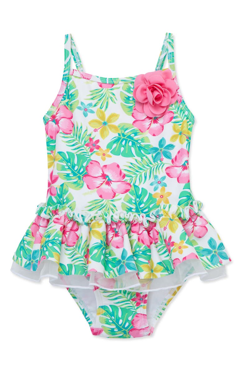 Little Me Tropical UPF 50+ Skirted One-Piece Swimsuit, Main, color, 
