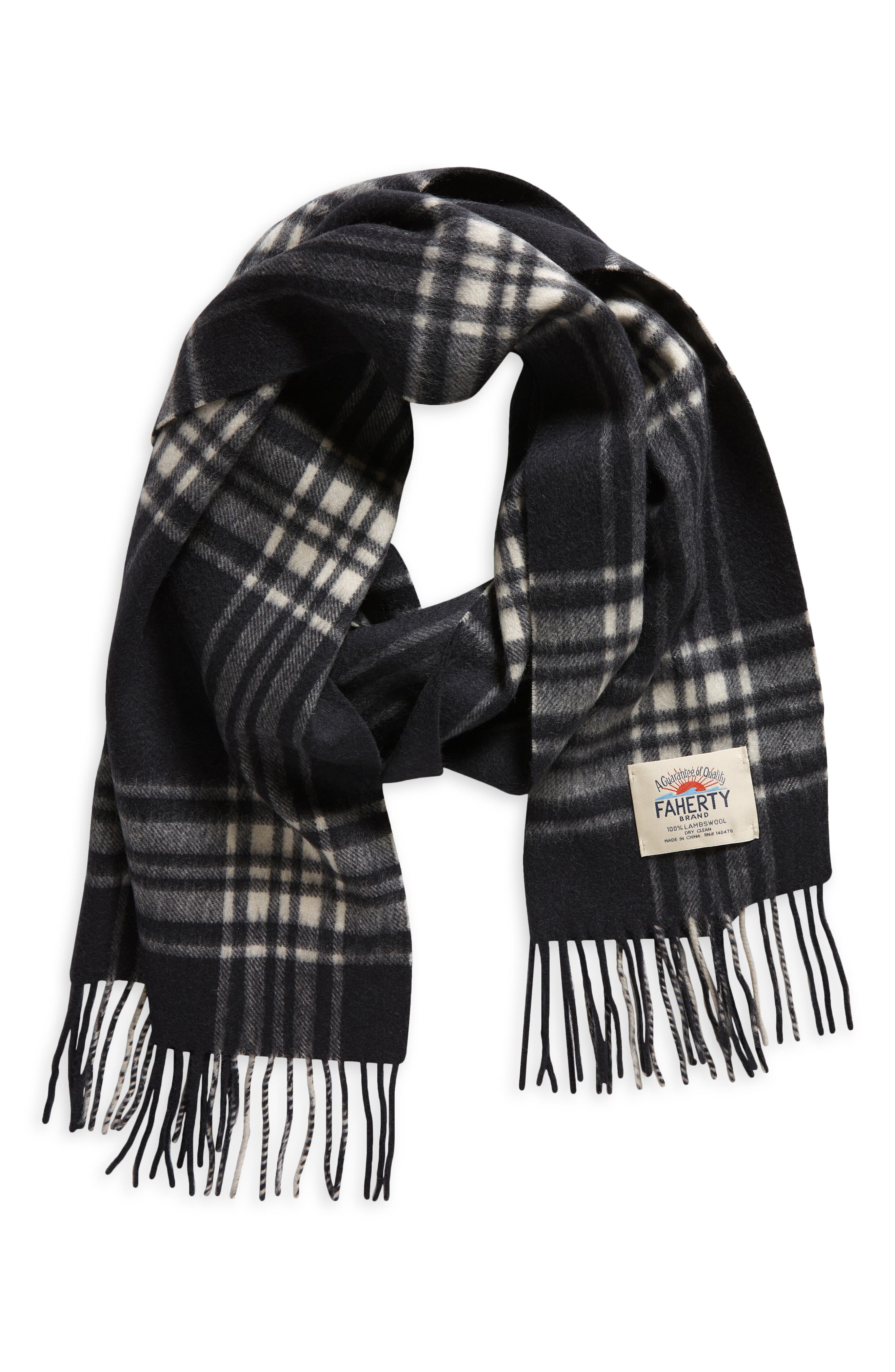 Faherty Charcoal Plaid Lambswool Fringe Scarf