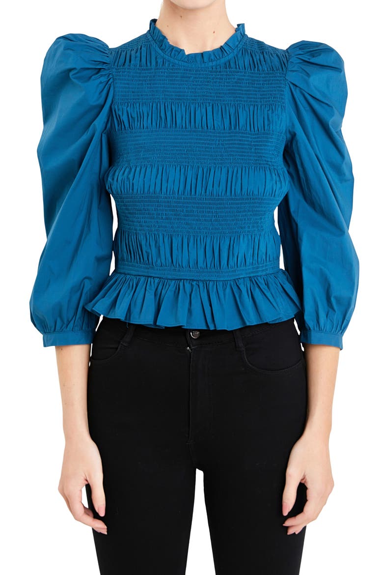 Smocked Puff Shoulder Poplin Top, Alternate, color, TEAL BLUE
