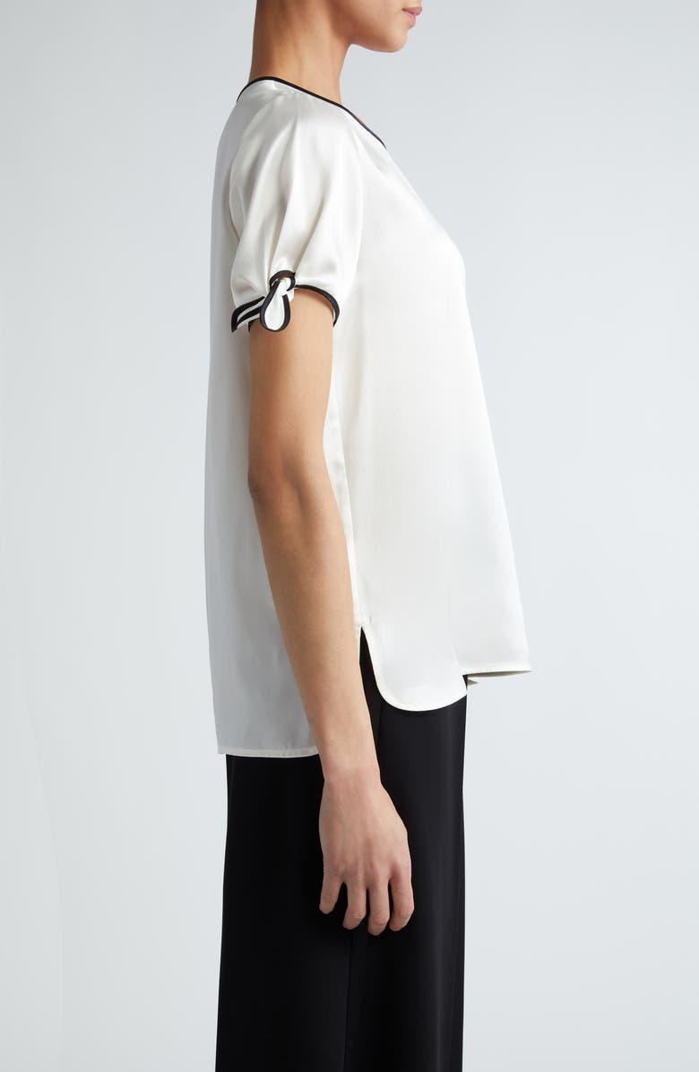 Max Mara Pania Bow Sleeve Contrast Trim Silk Top, Alternate, color, White