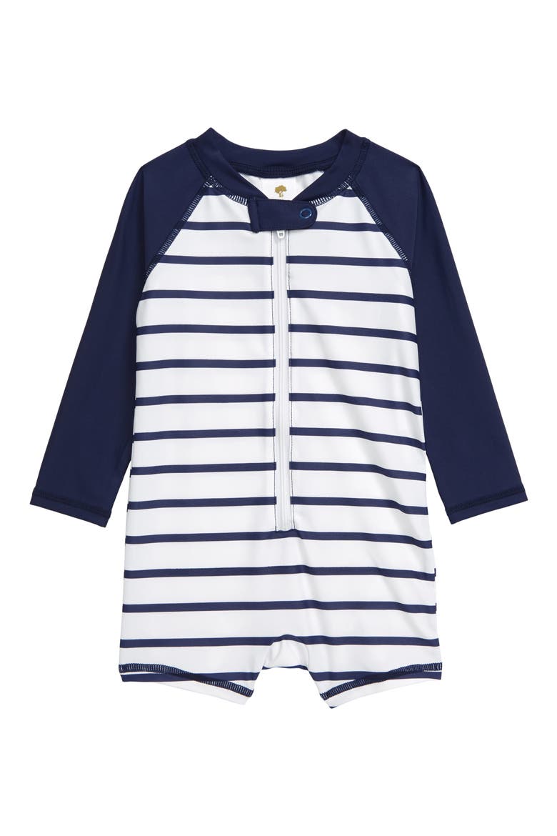 Stripe One-Piece Rashguard Swimsuit, Main, color, WHITE- NAVY STRIPE