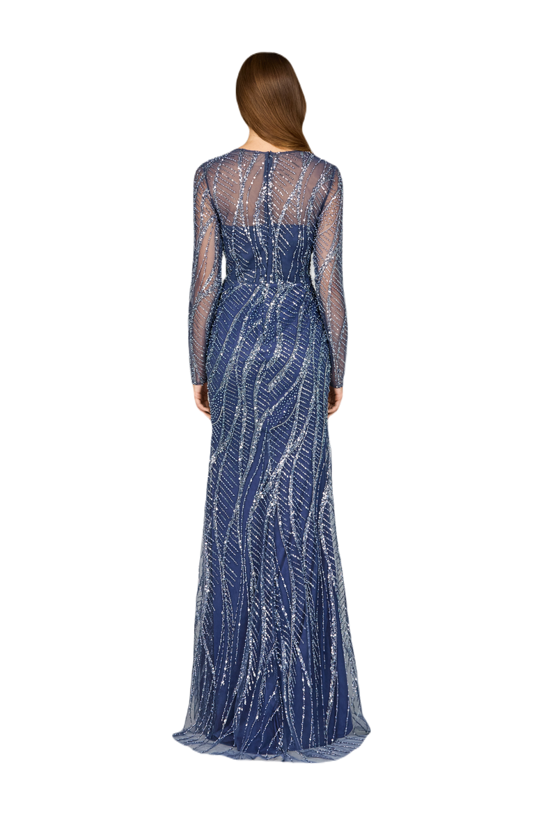 Long Sleeve Sheath Gown with Silver Beads, Alternate, color, Blue