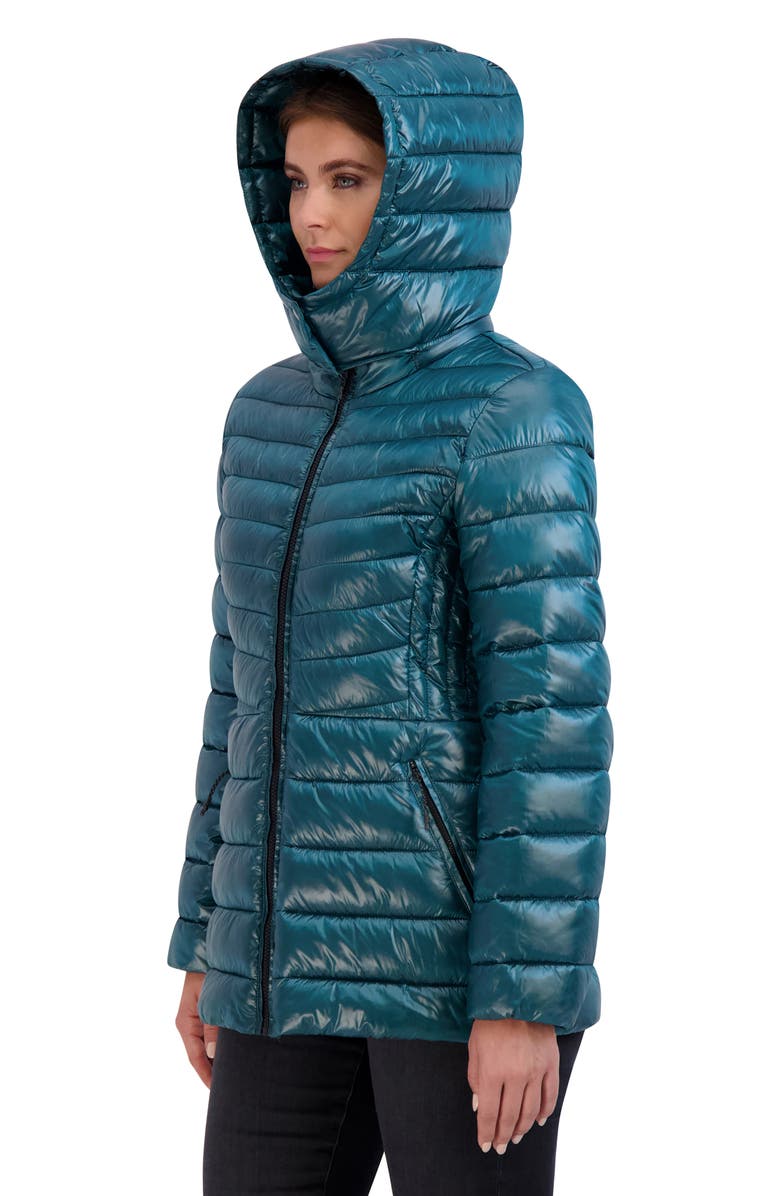 Cole Haan Pearlized Mixed Quilt Hooded Puffer Coat, Alternate, color, Emerald