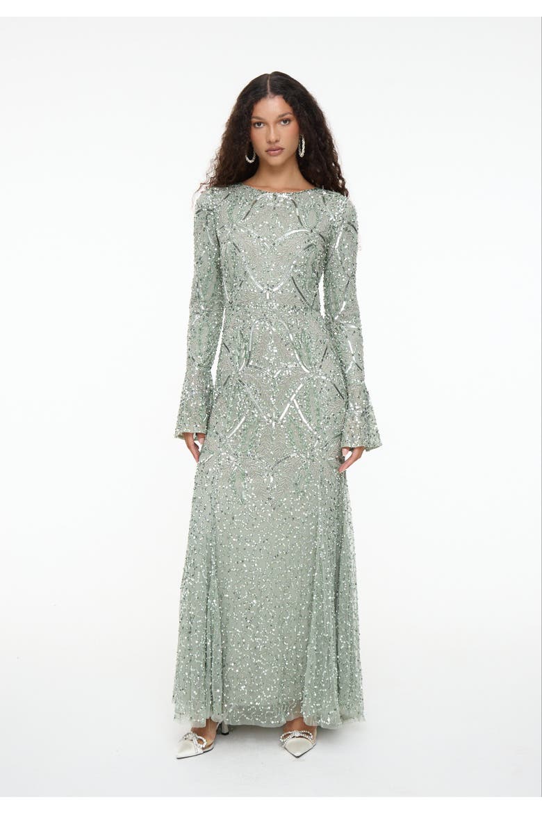 Modest Embellished Sequin Beaded Dress Maxi With Ribbon on Sleeves, Main, color, SAGE GREEN