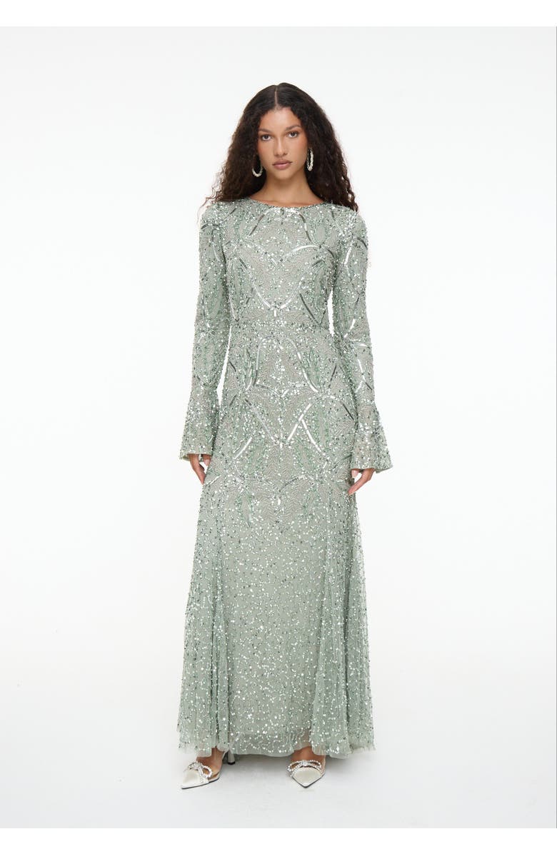 MARYISA Modest Embellished Sequin Beaded Dress Maxi With Ribbon on Sleeves, Main, color, Sage Green