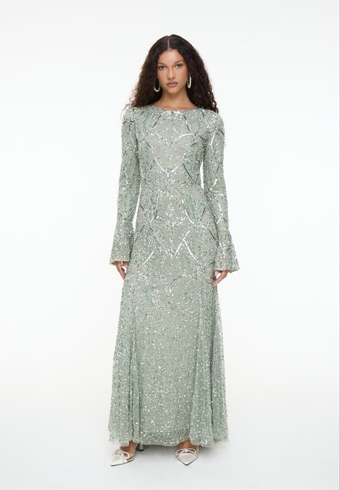 Modest Embellished Sequin Beaded Dress Maxi With Ribbon on Sleeves