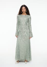 MARYISA Modest Embellished Sequin Beaded Dress Maxi With Ribbon on Sleeves