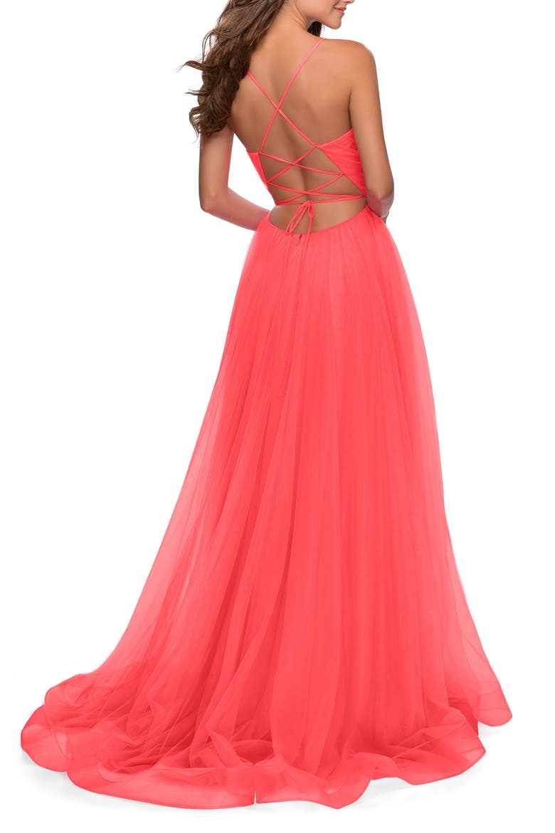Long Tulle A-line Gown with Side Slit and Pockets, Alternate, color, Hot Coral