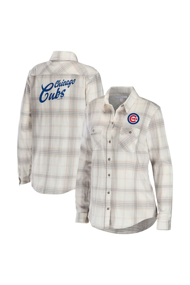 Women's WEAR by Erin Andrews Gray/Cream Chicago Cubs Flannel Button-Up Shirt, Main, color, Gray