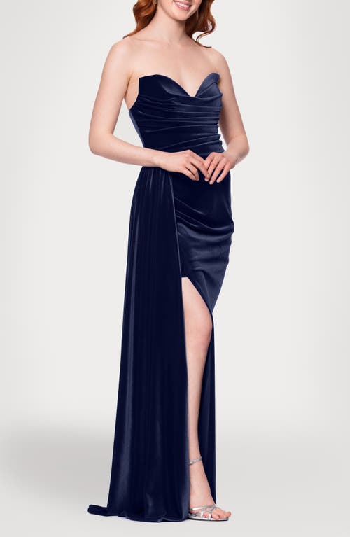 Blondie Nites Drape Strapless Velvet Gown In Blue