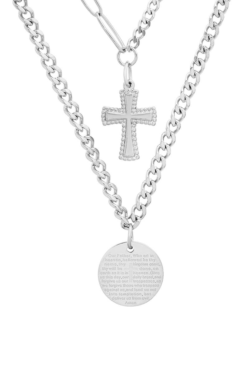 HMY JEWELRY Stainless Steel Layered Pendant Necklace, Main, color, METALLIC