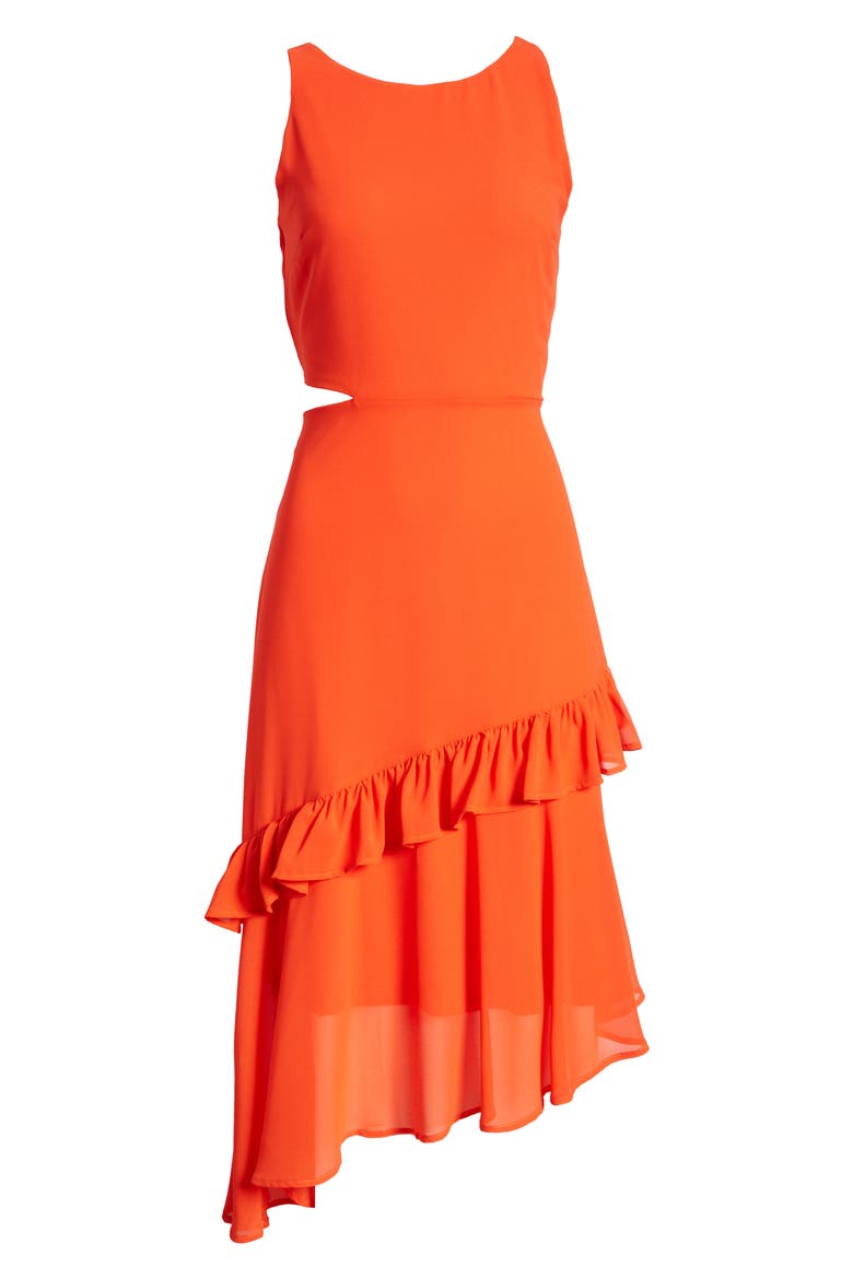 Ruffle Cutout Midi Dress, Alternate, color, CORAL