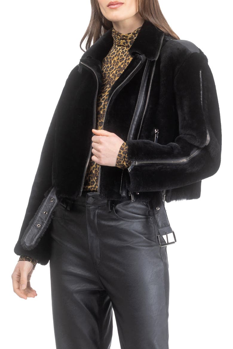 Genuine Shearling And Leather Moto Jacket, Alternate, color, BLACK