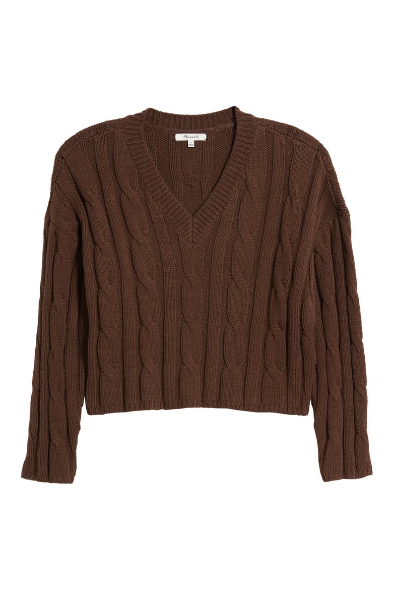 Cable Knit V-Neck Crop Sweater, Alternate, color, DARK COFFEE