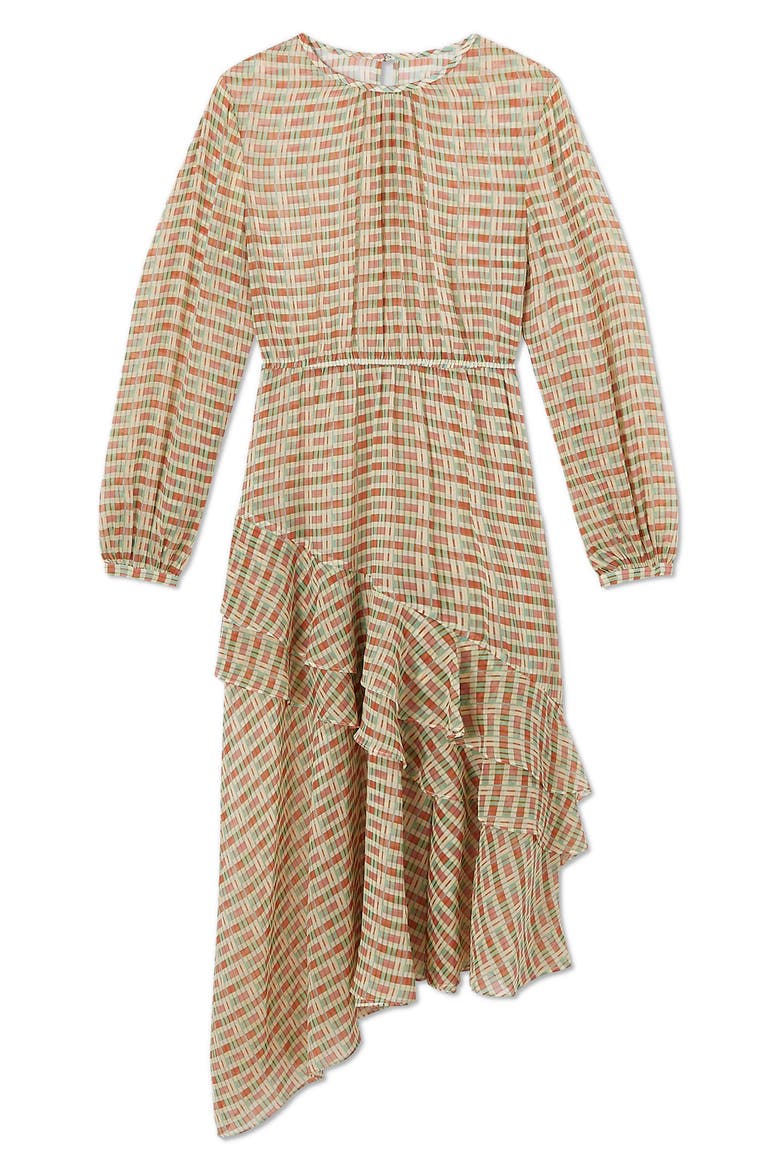 Bea Print Ruffle Asymmetric Long Sleeve Silk Midi Dress, Alternate, color, ROSE
