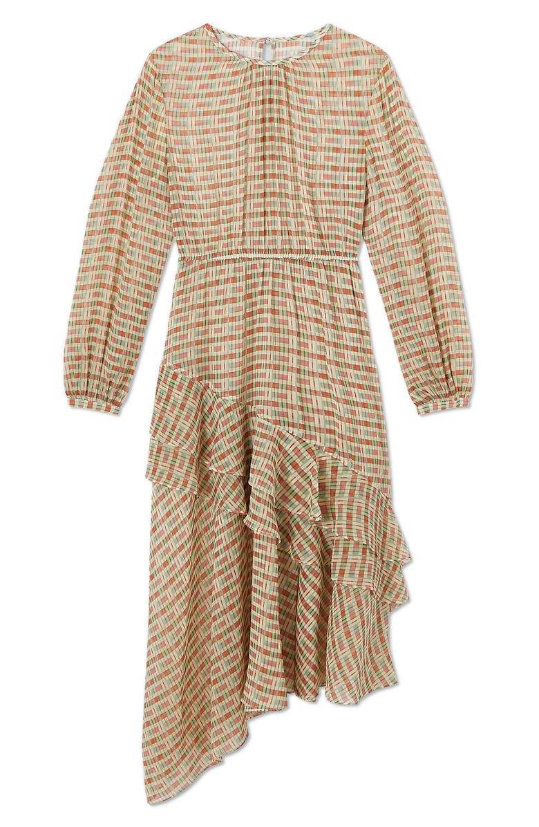 LK Bennett Bea Print Ruffle Asymmetric Long Sleeve Silk Midi Dress, Alternate, color, Rose