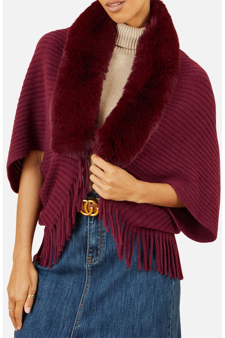 Faux Fur Collar Tassel Hem Shrug, Alternate, color, Burgundy
