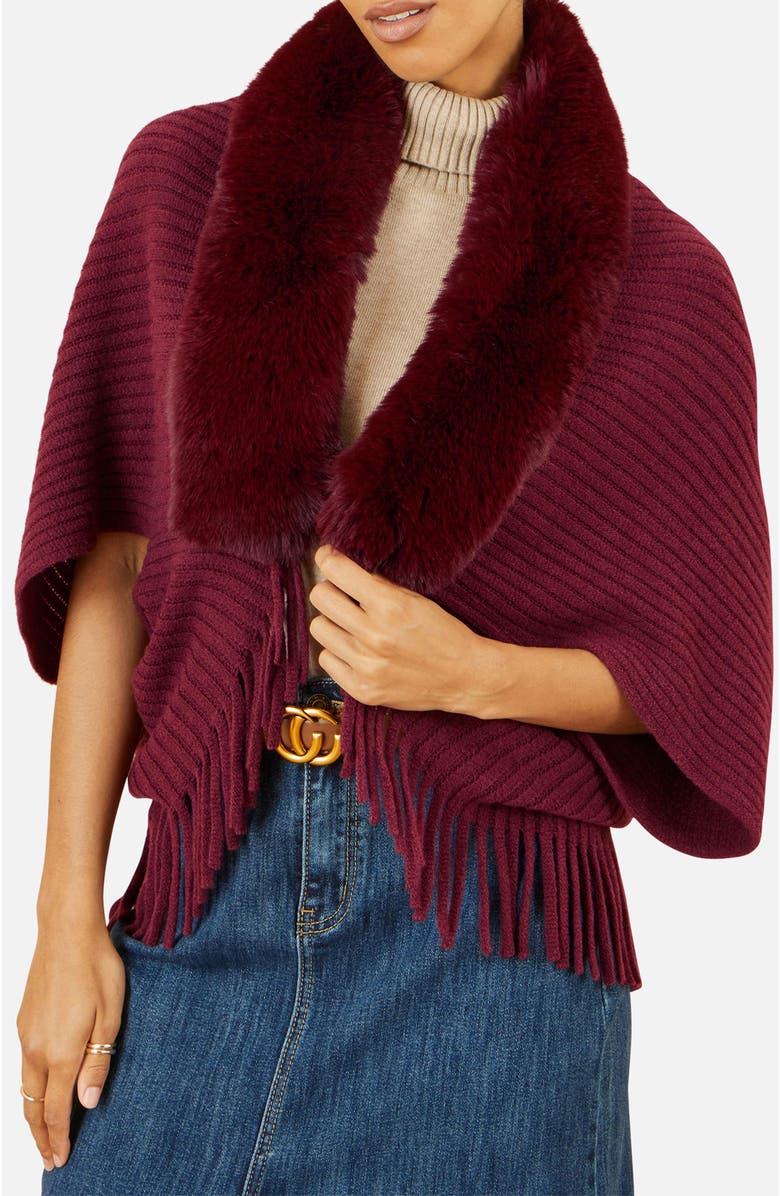 Yumi Faux Fur Collar Tassel Hem Shrug, Alternate, color, Burgundy