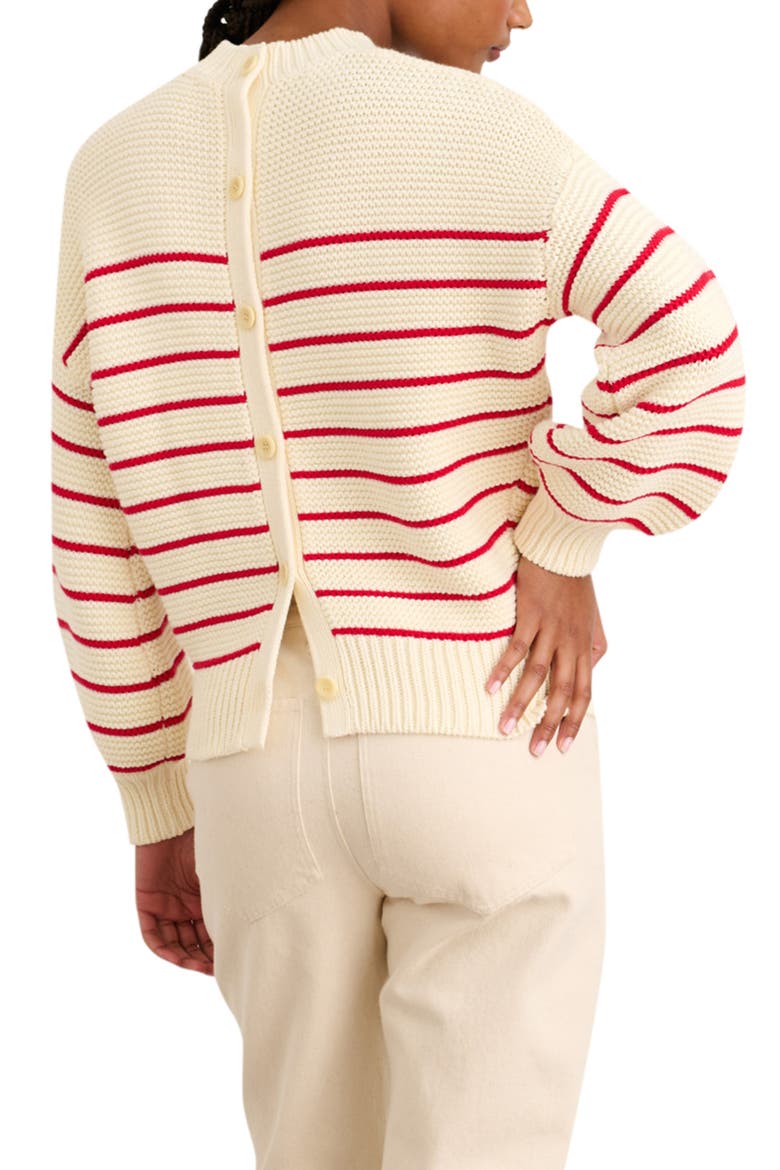 Women's Stripe Button Back Cotton Crewneck Sweater, Alternate, color, IVORY/ RED