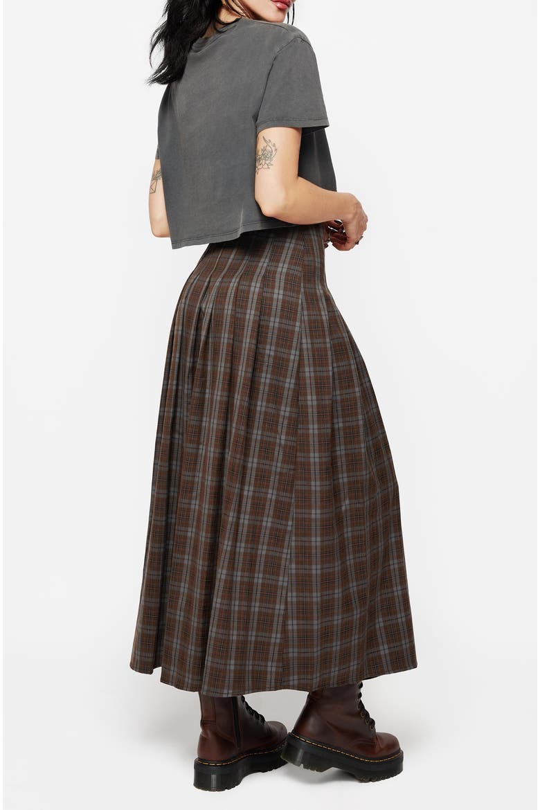 Raven Pleated Check Buckle Maxi Skirt, Alternate, color, Brown