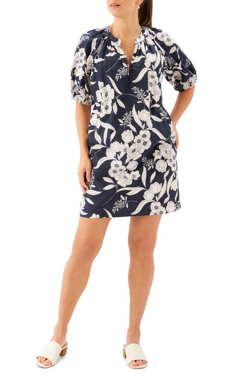 Floral Puff Sleeve Cotton Shift Minidress