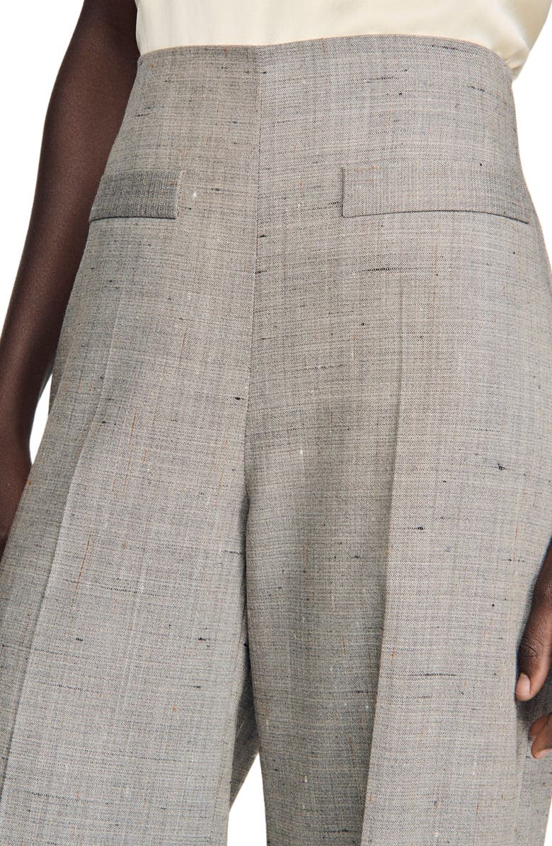 SANDRO Wide-leg check wool trousers, Alternate, color, Greige