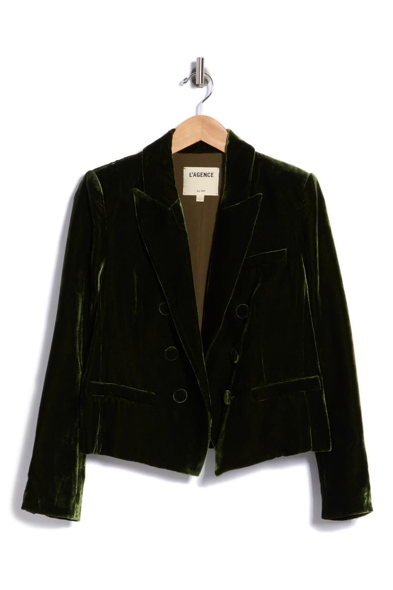 Brooke Double Breasted Cropped Velvet Blazer, Alternate, color, DEEP OLIVE