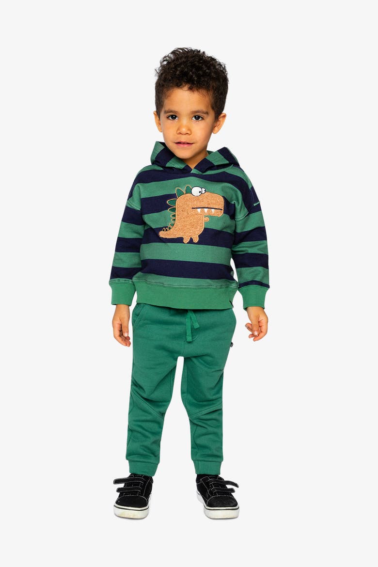 Fleece Dino Applique Striped Hoodie, Alternate, color, Blue Striped Green